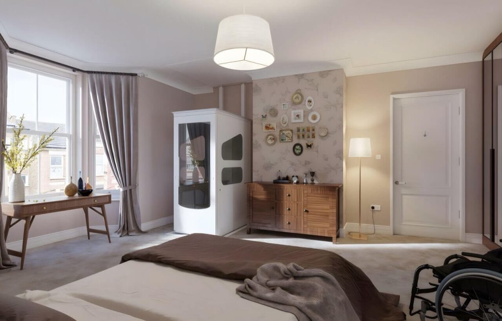 Wessex VE through-floor home lift in an upstairs bedroom, providing safe access between floors for wheelchair users and reduced mobility.