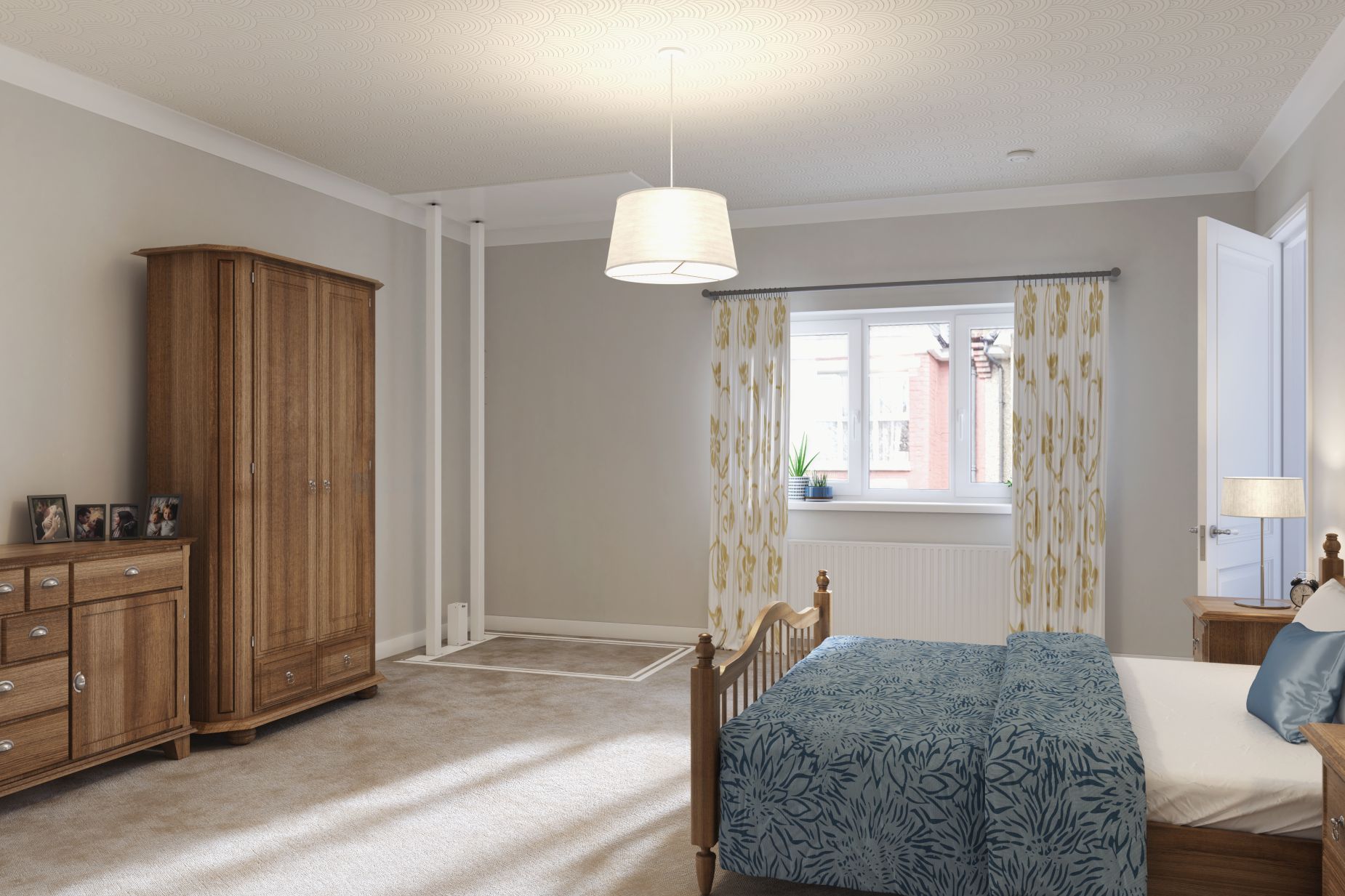 Through-floor home lift in the downstairs position, with the lift lid sealed level with the bedroom floor to maintain fire safety.