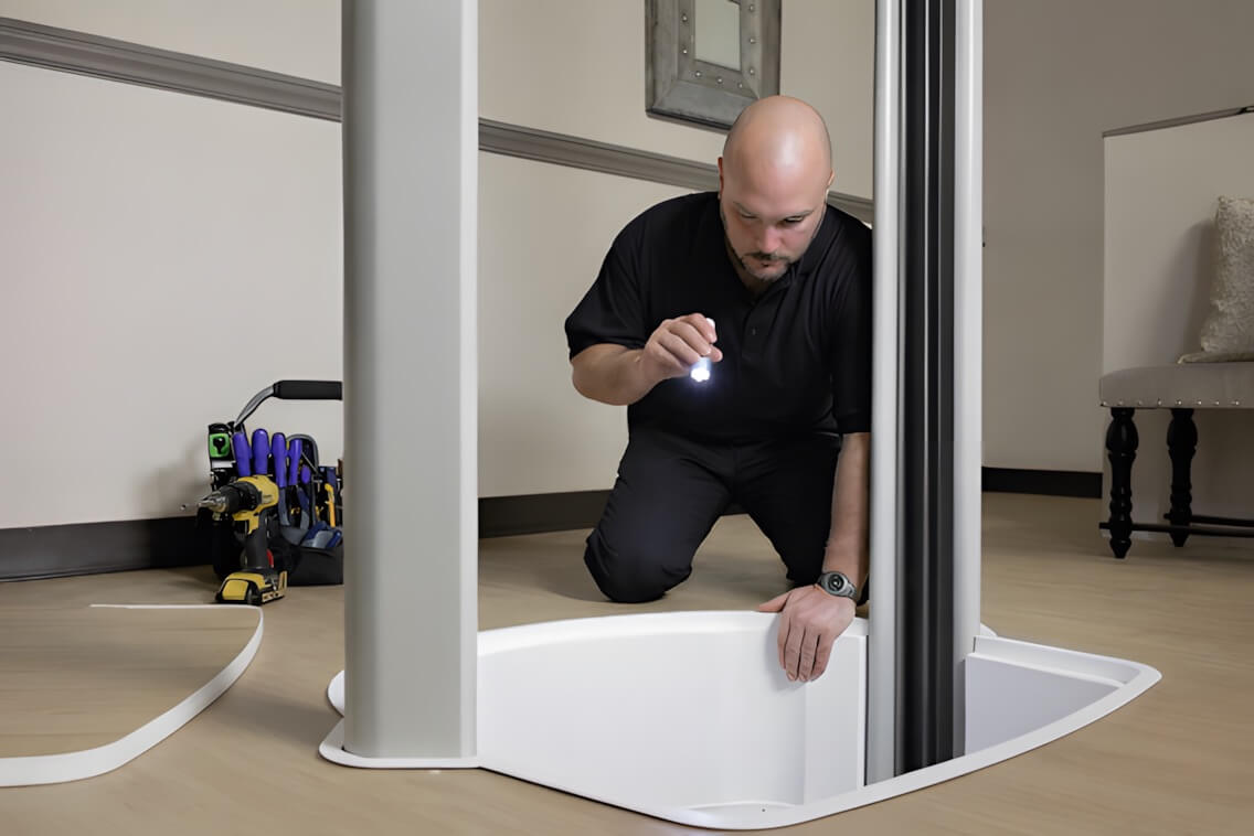 home lift instEngineer removing a through-floor home lift, checking the floor aperture during a home lift removal.aller
