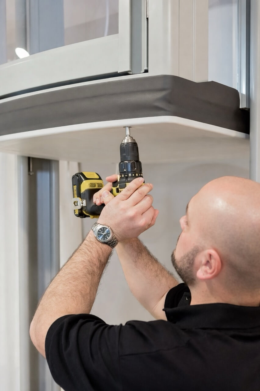 Engineer carrying out a home lift repair on a through-floor lift inside a house
