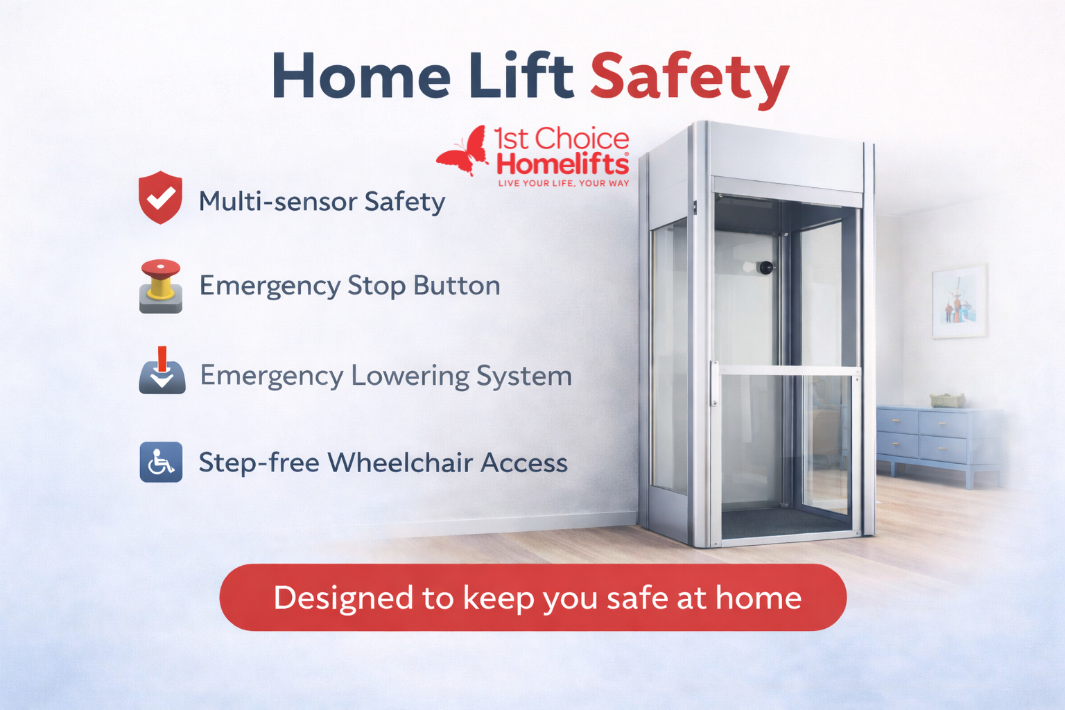 Home lift safety features including emergency stop button, emergency lowering system, obstruction sensors and step-free wheelchair access